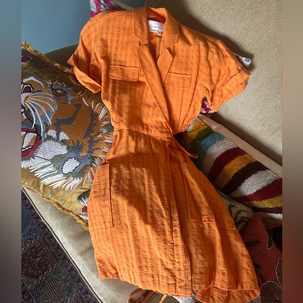 By Anthropologie Bright Orange Linen Wrap Dress XXS